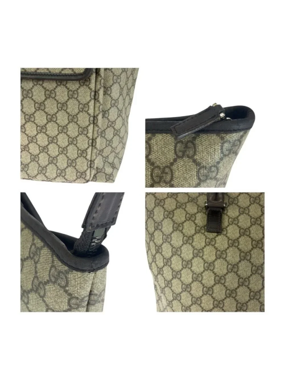 Gucci Beige Brown Silver GG Supreme Canvas Tote Shoulder